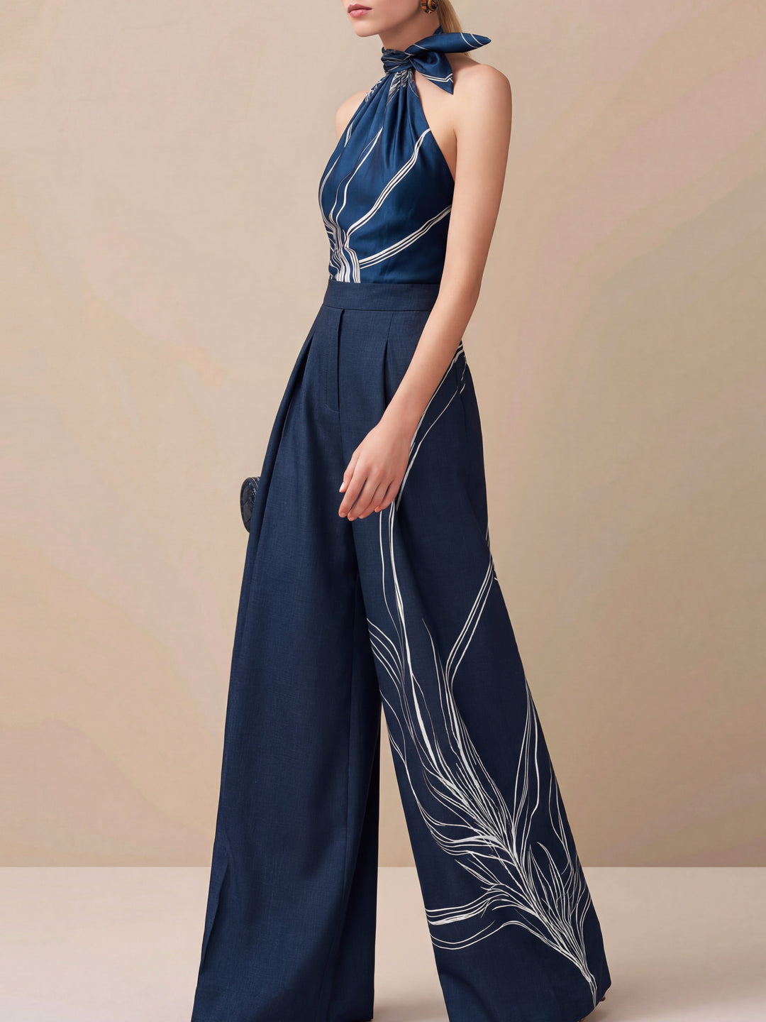 Satin Halter Blouse & Linen Wide Leg Trousers Set