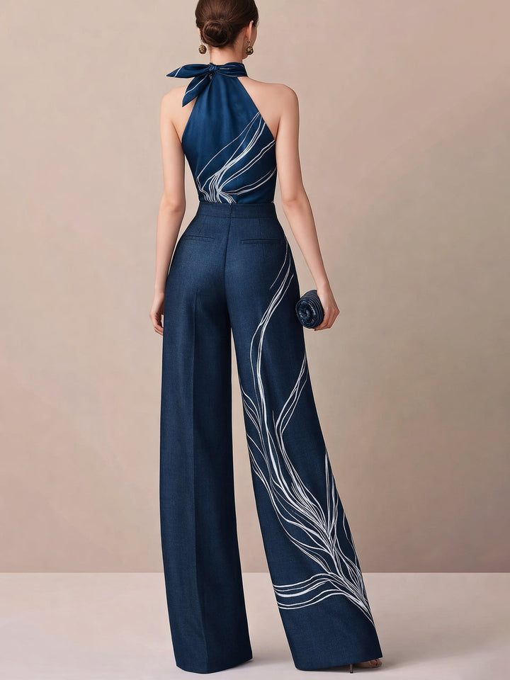 Satin Halter Blouse & Linen Wide Leg Trousers Set