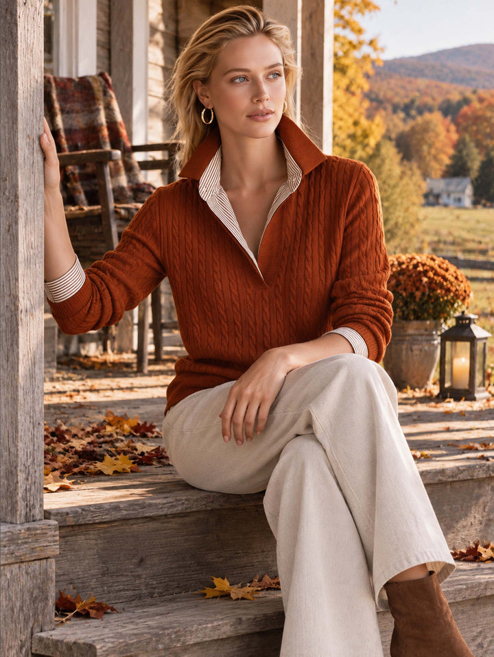 Brown Cable‑Knit Collared Fake‑Layer Pullover Sweater