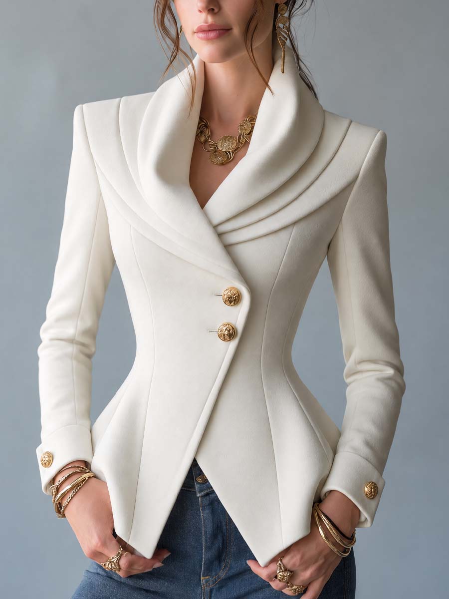 Women's Ivory Gold Buttons Structured Shawl Collar Blazer With Tailored Asymmetric Hem Jacket