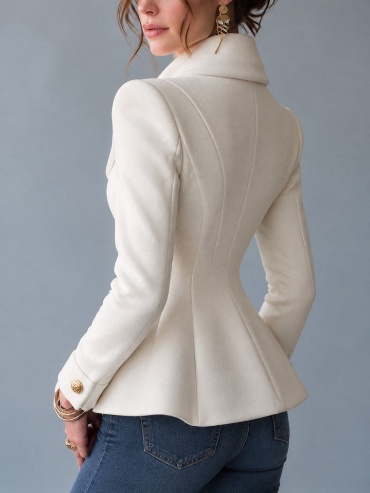 Women's Ivory Gold Buttons Structured Shawl Collar Blazer With Tailored Asymmetric Hem Jacket