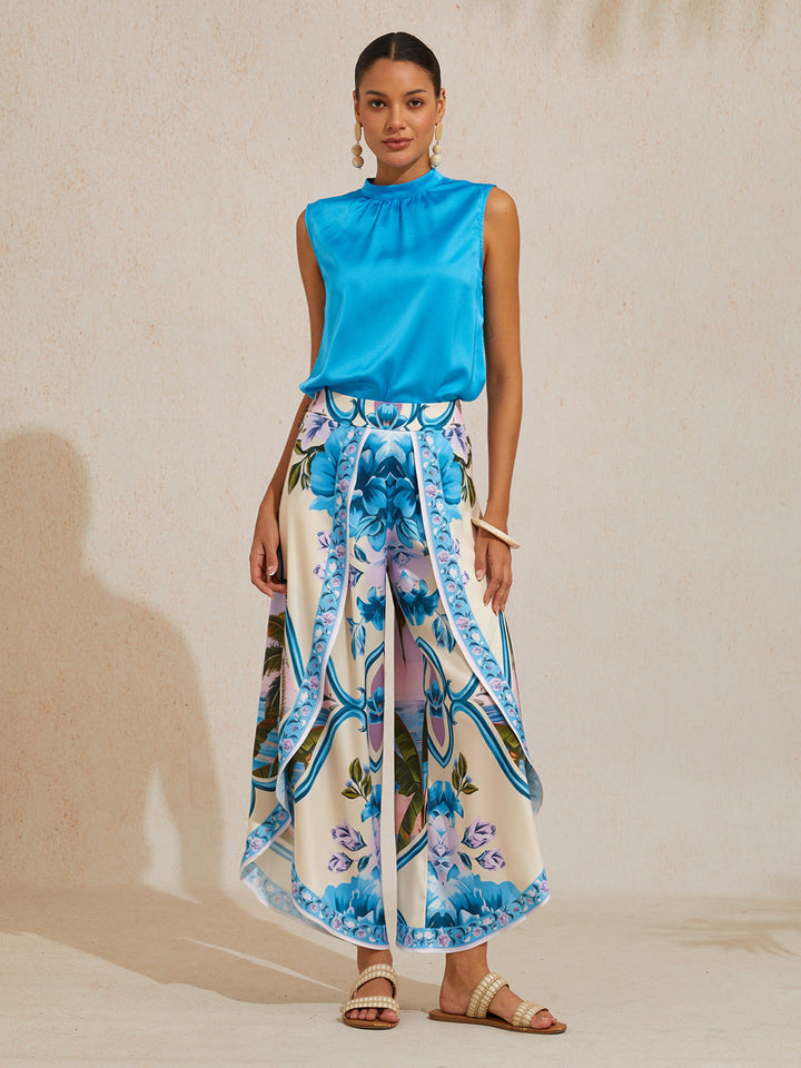 Hawaii Palm Silky Satin Floral Pants