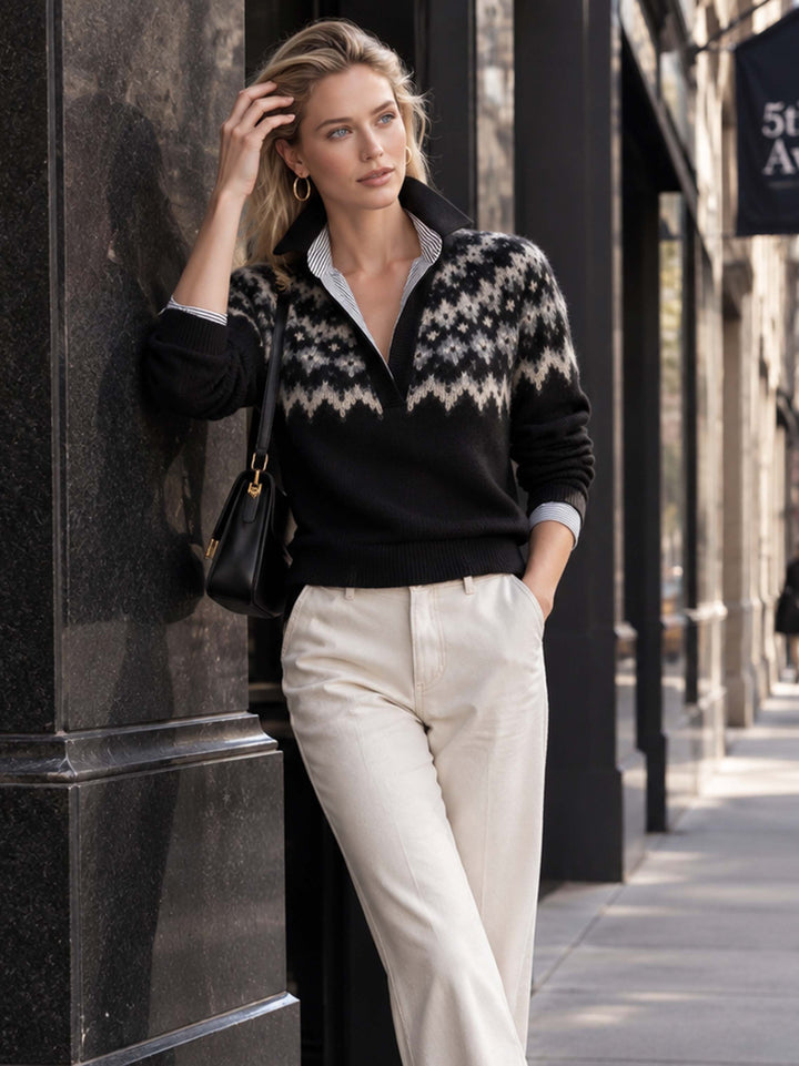 Brown Cable‑Knit Collared Fake‑Layer Pullover Sweater