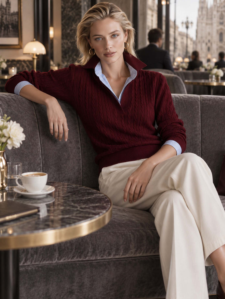 Brown Cable‑Knit Collared Fake‑Layer Pullover Sweater