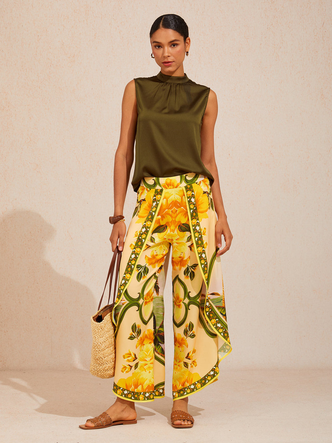 Hawaii Palm Silky Satin Floral Pants