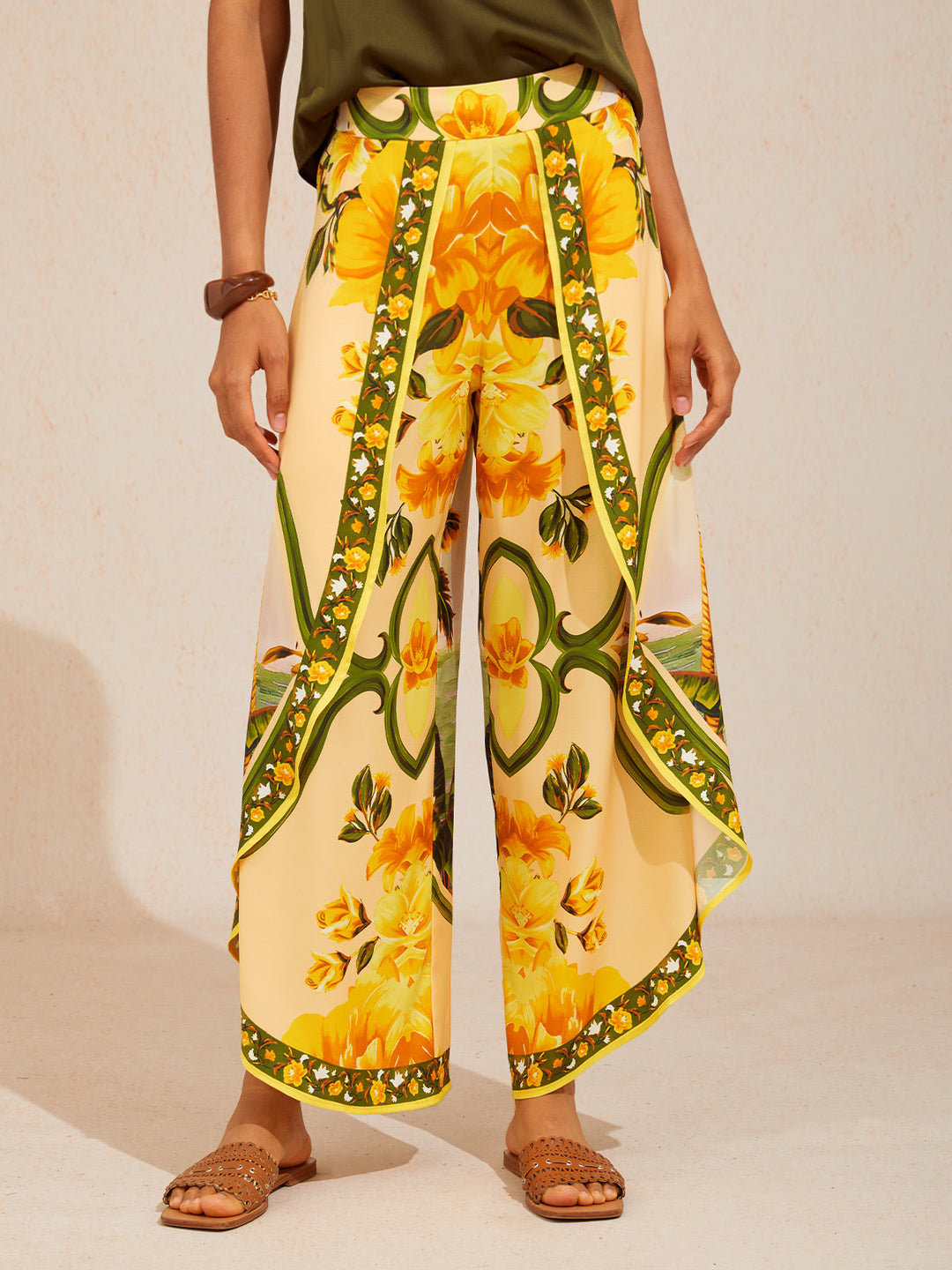 Hawaii Palm Silky Satin Floral Pants