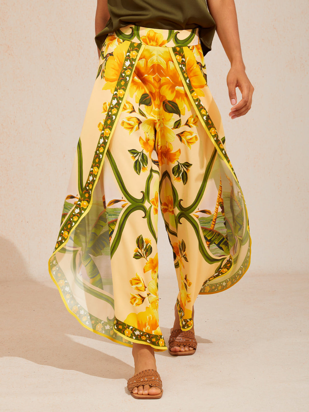 Hawaii Palm Silky Satin Floral Pants