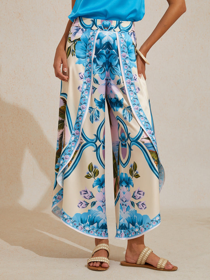 Hawaii Palm Silky Satin Floral Pants