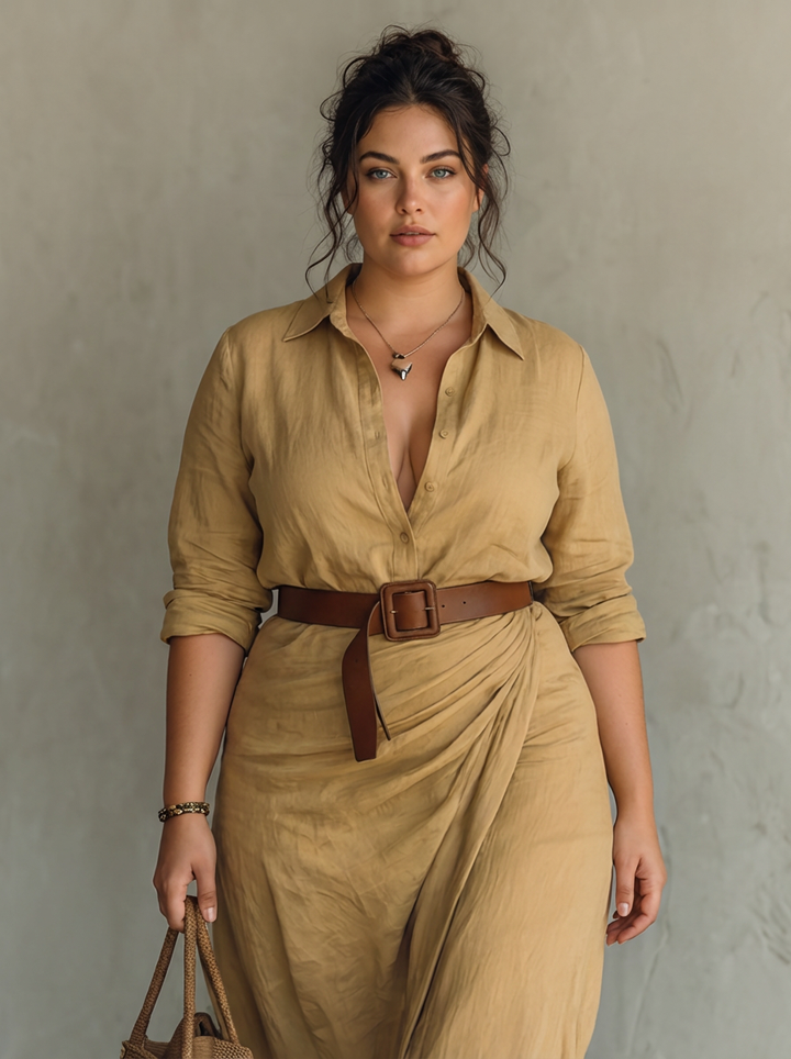Long Maxi Dress with Notched Collar and Long Sleeves for Women