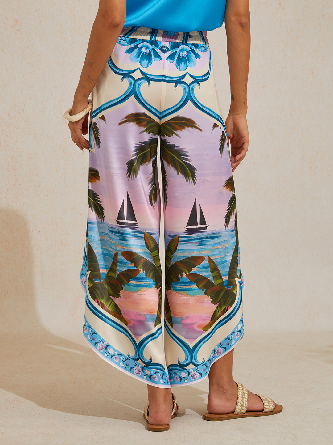 Hawaii Palm Silky Satin Floral Pants