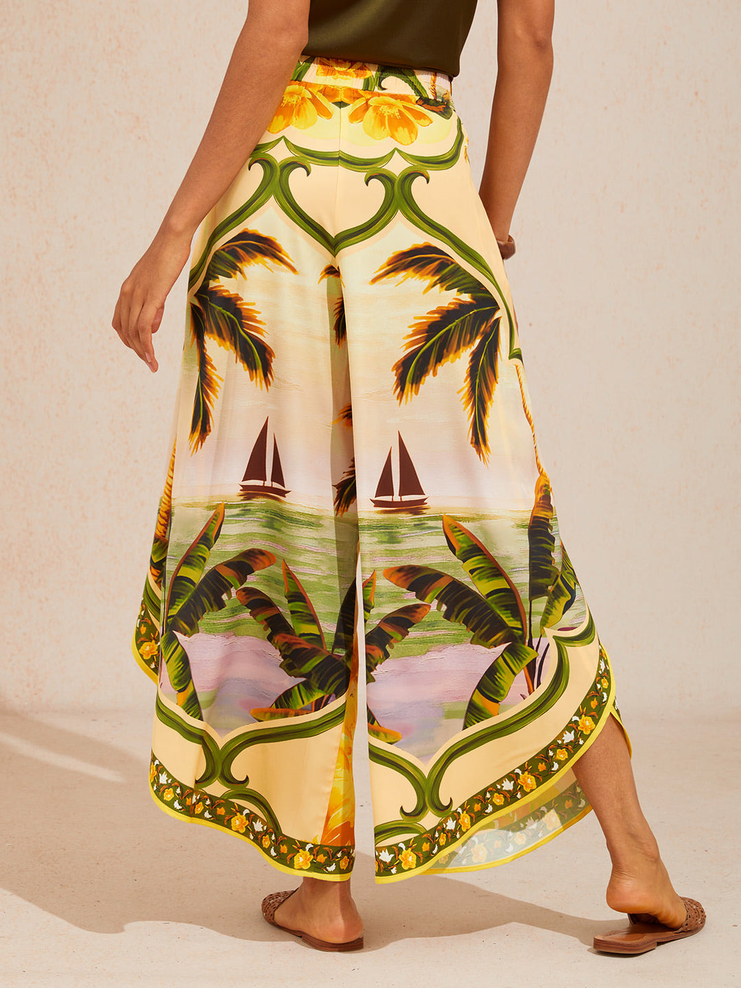 Hawaii Palm Silky Satin Floral Pants