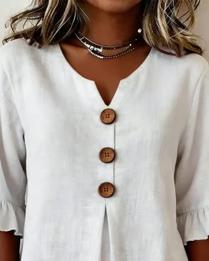 Sophia | Solid Color Cotton-Linen Blouse