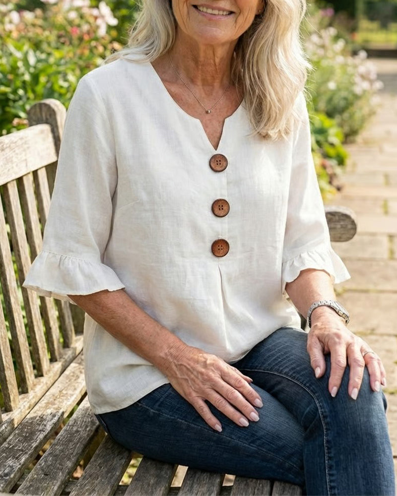 Sophia | Solid Color Cotton-Linen Blouse