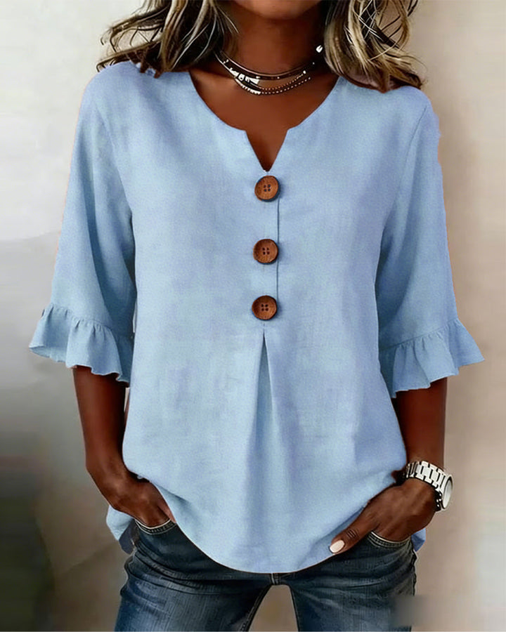 Sophia | Solid Color Cotton-Linen Blouse