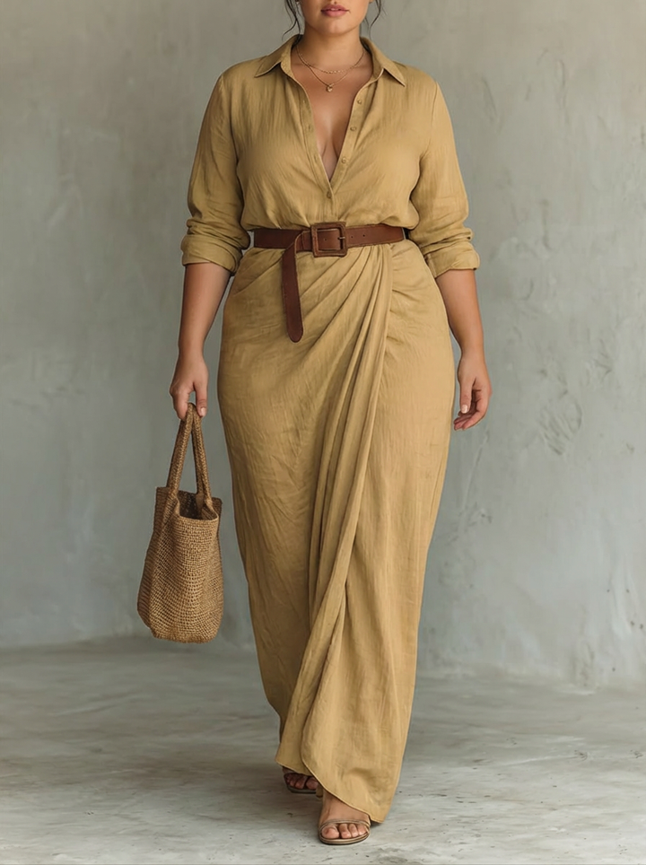 Long Maxi Dress with Notched Collar and Long Sleeves for Women