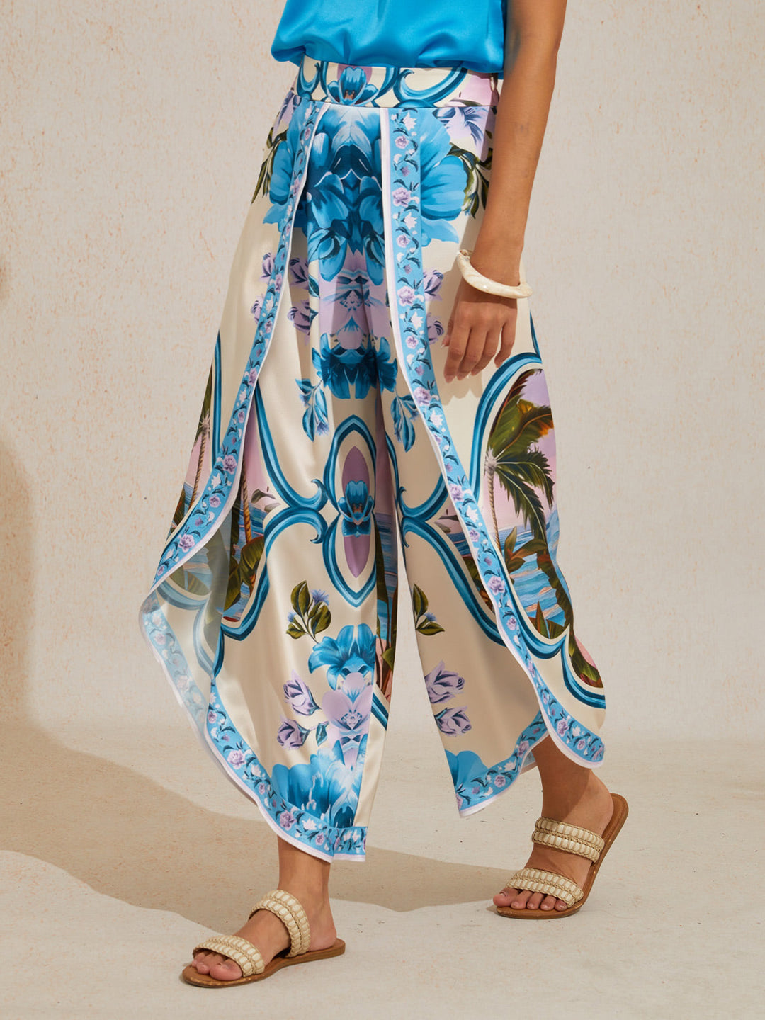 Hawaii Palm Silky Satin Floral Pants