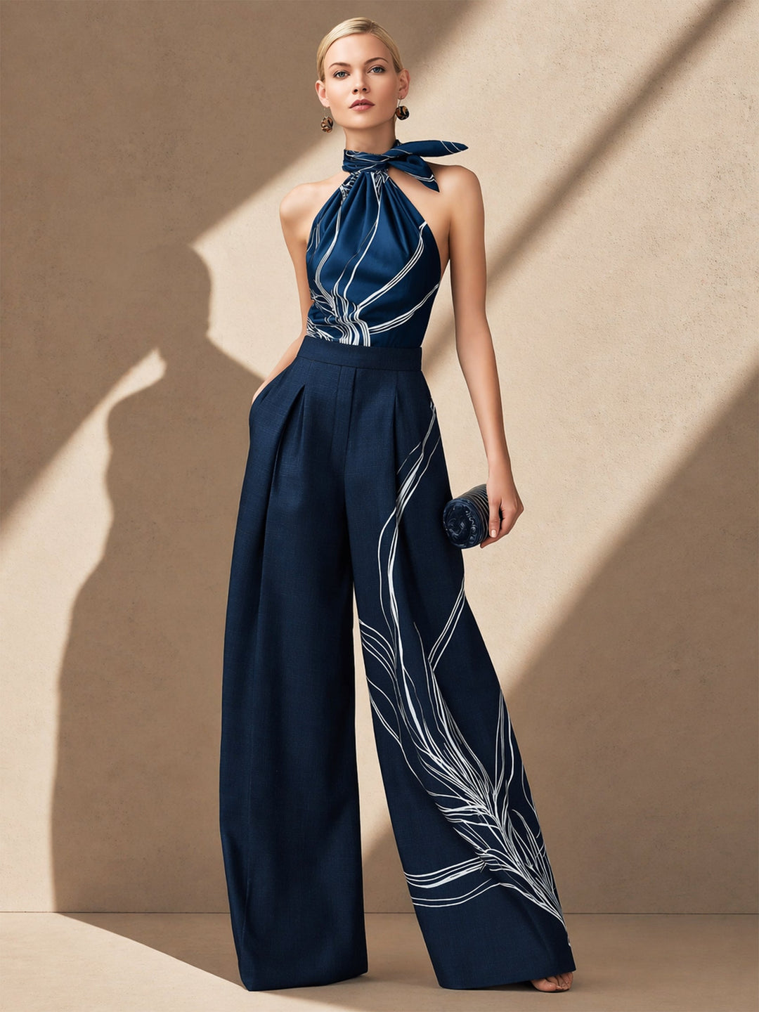 Satin Halter Blouse & Linen Wide Leg Trousers Set