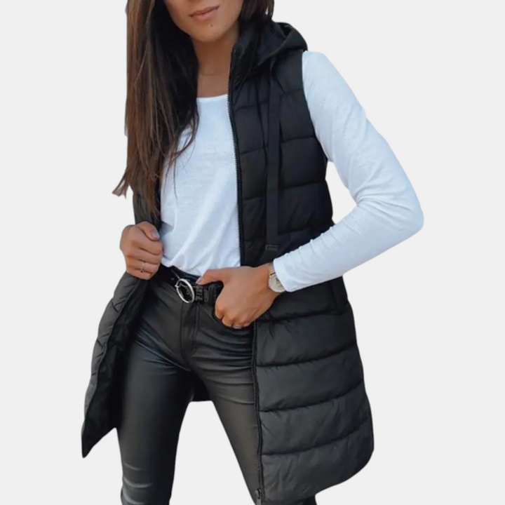 Women's Sleeveless Puffer Vest Longline Hooded Zip Front