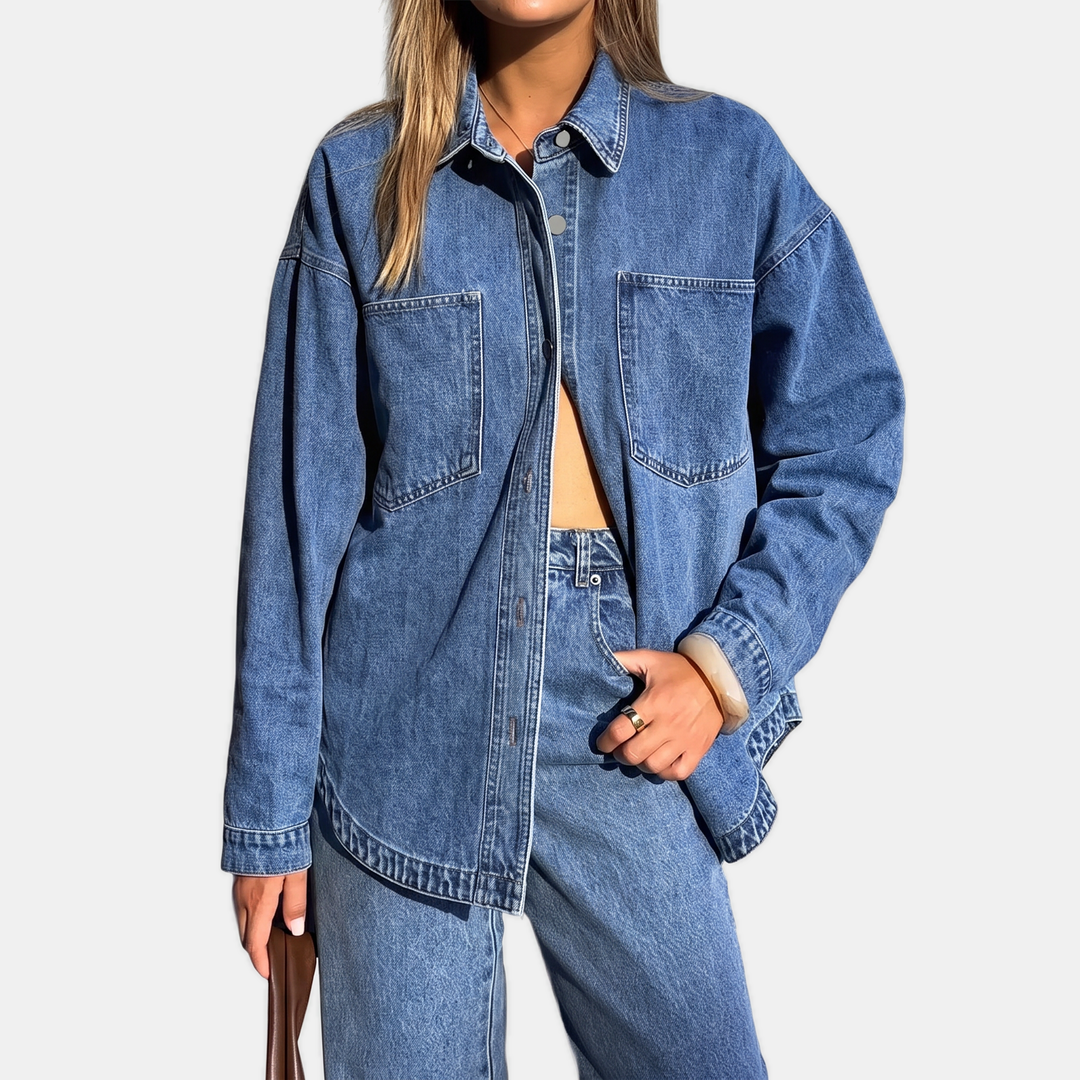 Women's Oversized Button Down Washed Denim Jacket Long Sleeve