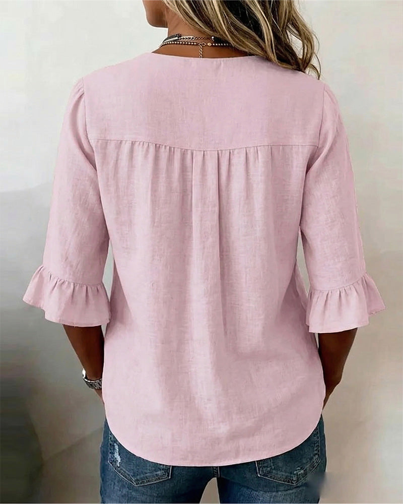 Sophia | Solid Color Cotton-Linen Blouse