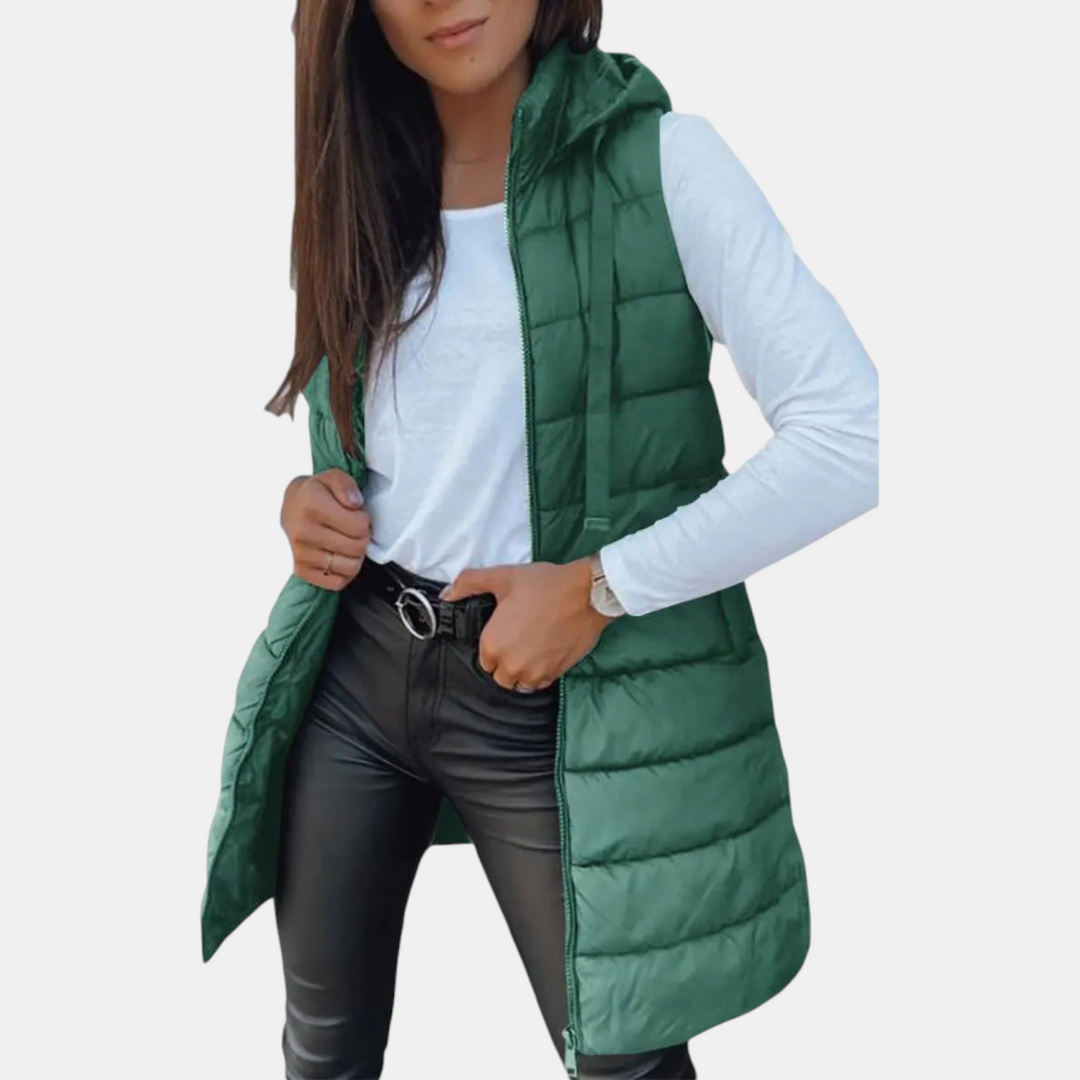 Women's Sleeveless Puffer Vest Longline Hooded Zip Front