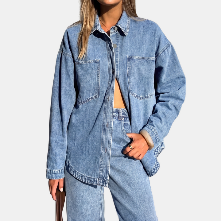 Women's Oversized Button Down Washed Denim Jacket Long Sleeve