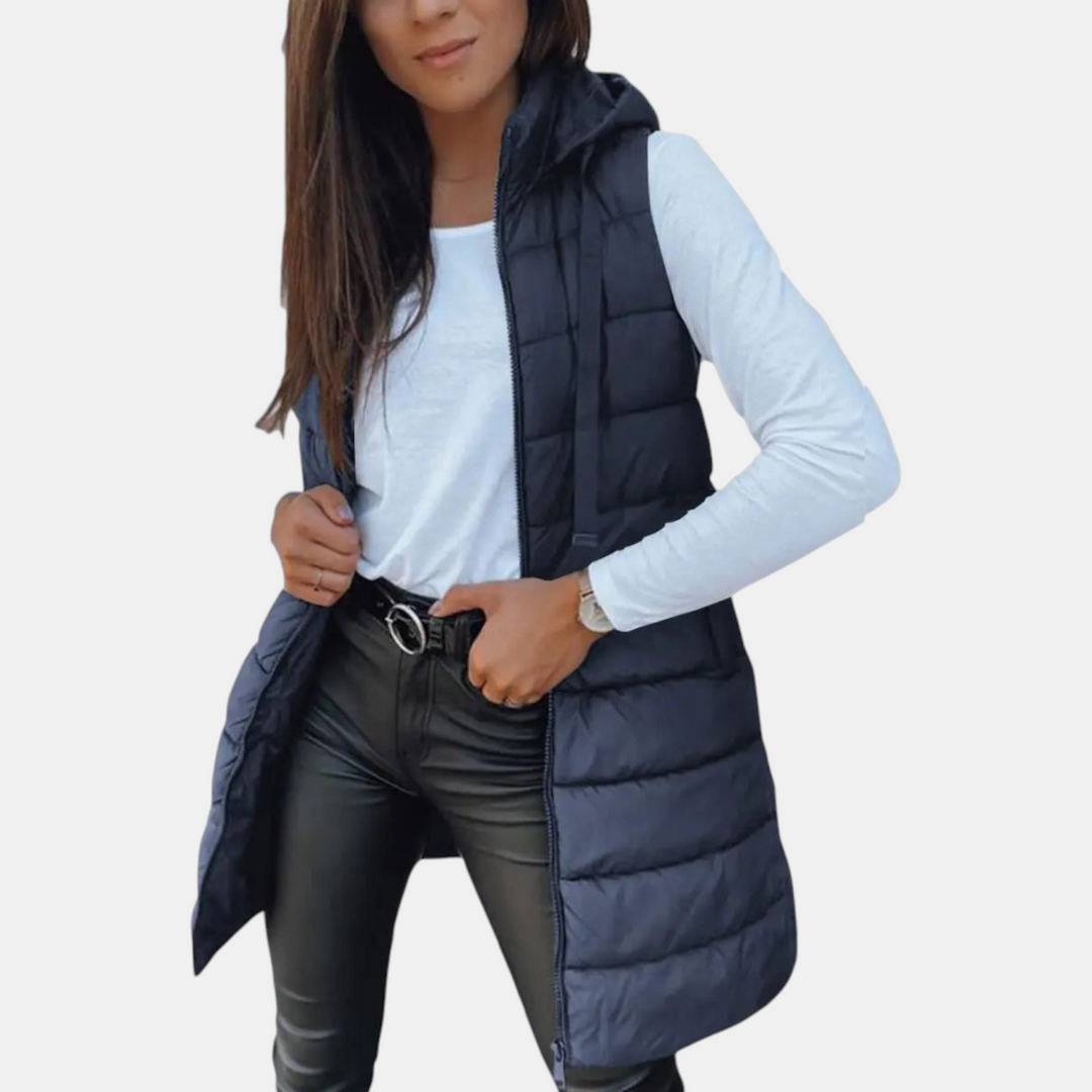 Women's Sleeveless Puffer Vest Longline Hooded Zip Front