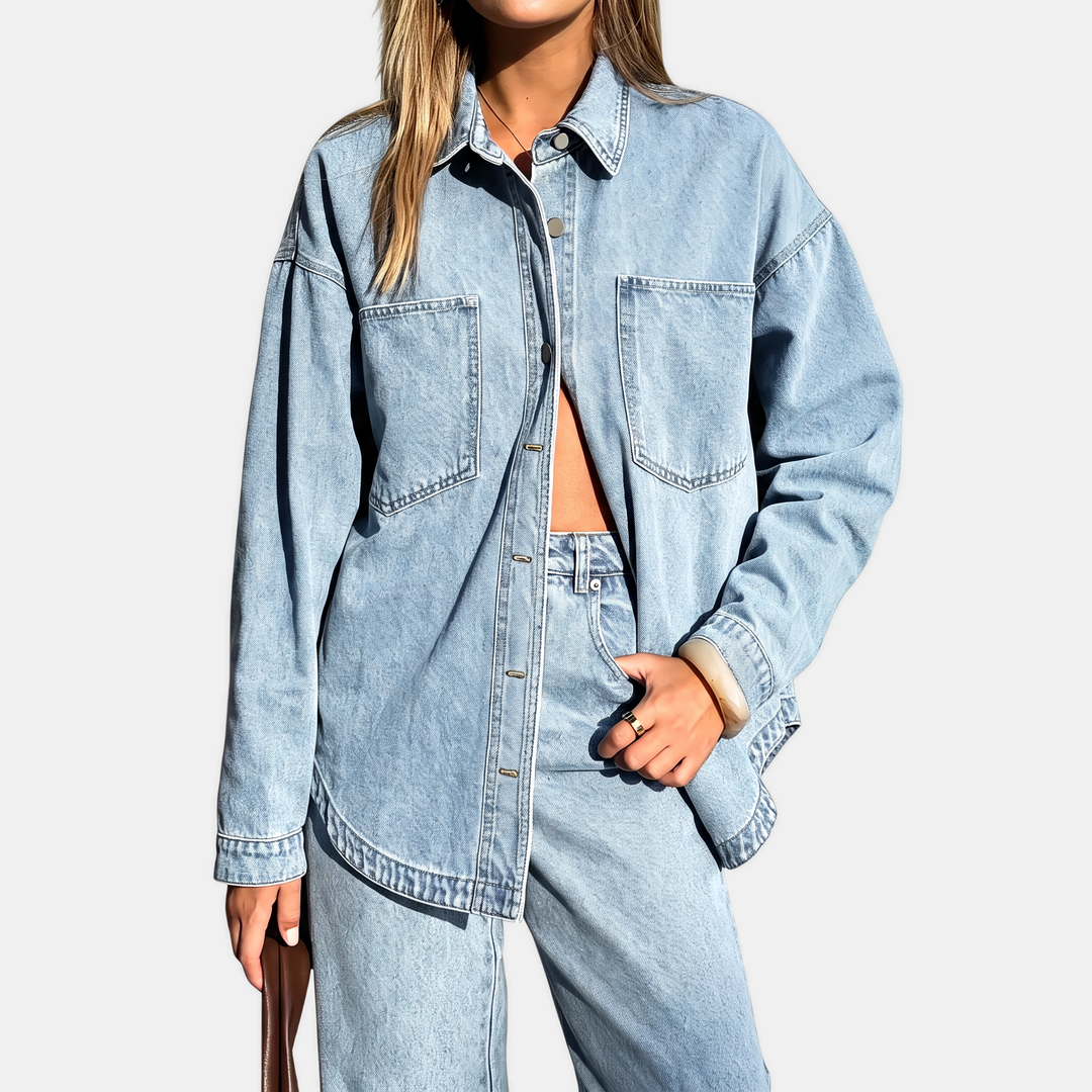Women's Oversized Button Down Washed Denim Jacket Long Sleeve