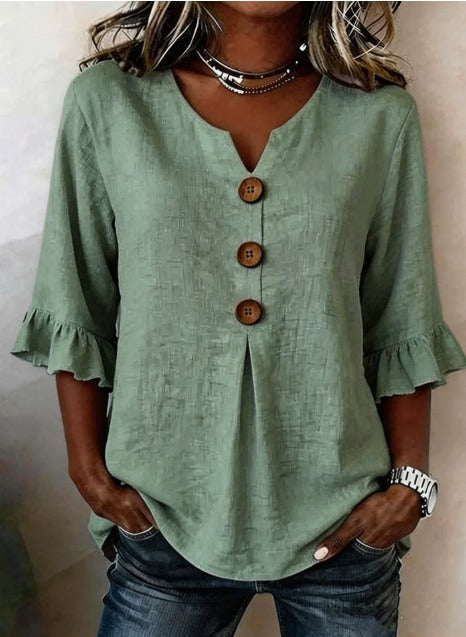 Sophia | Solid Color Cotton-Linen Blouse
