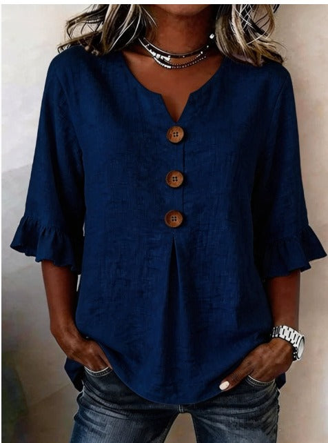 Sophia | Solid Color Cotton-Linen Blouse