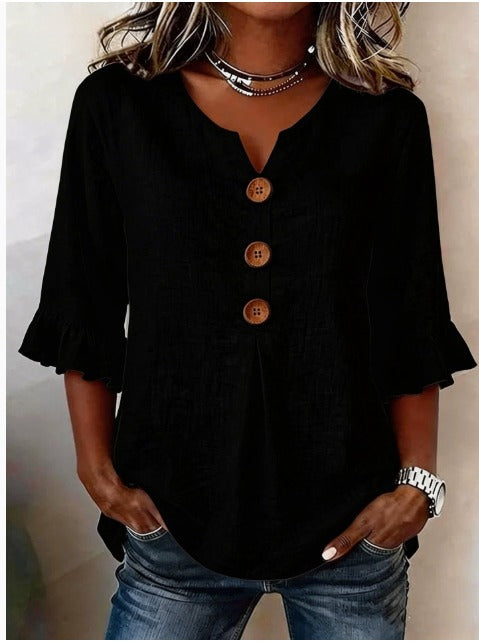 Sophia | Solid Color Cotton-Linen Blouse
