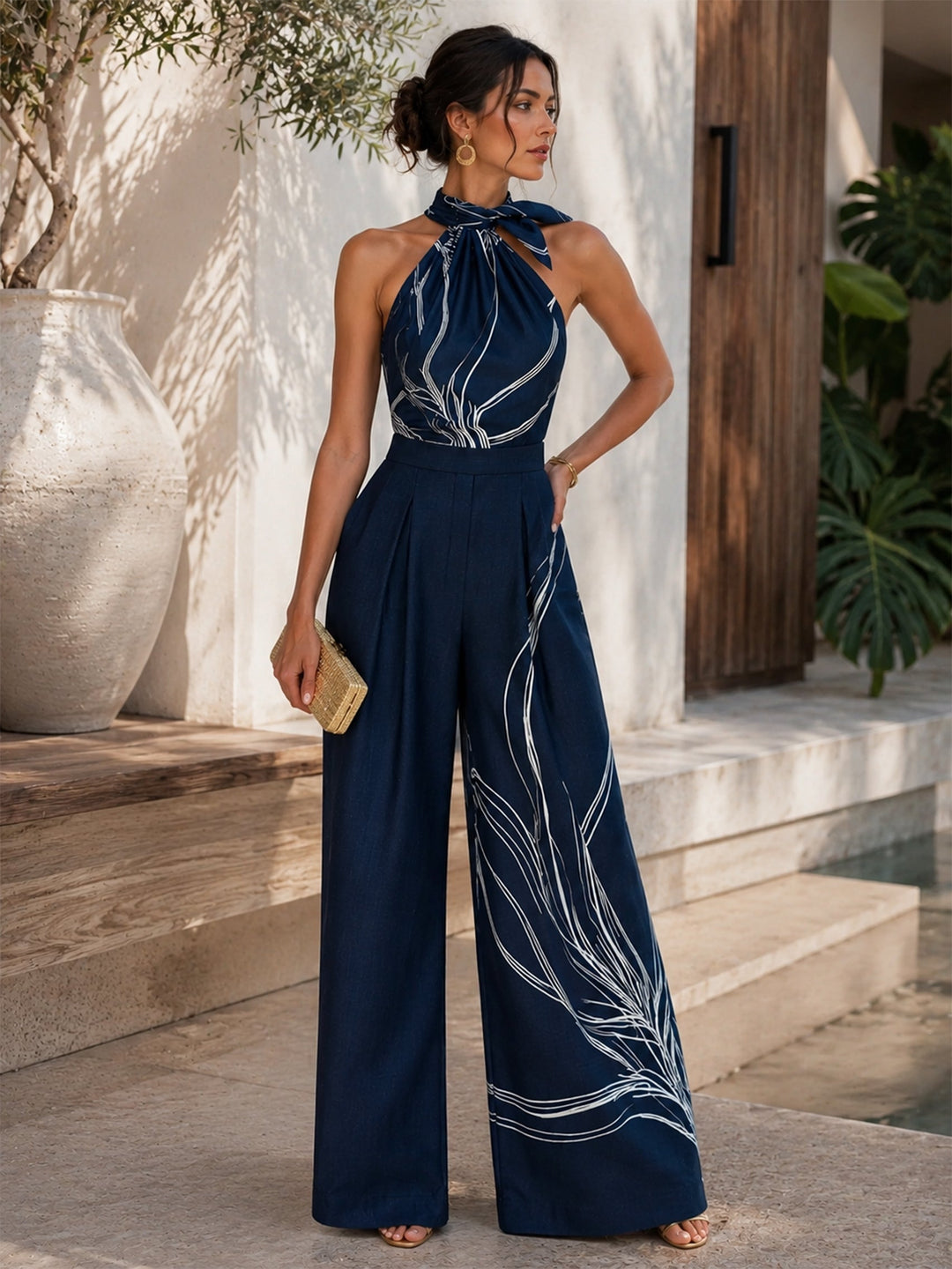 Satin Halter Blouse & Linen Wide Leg Trousers Set