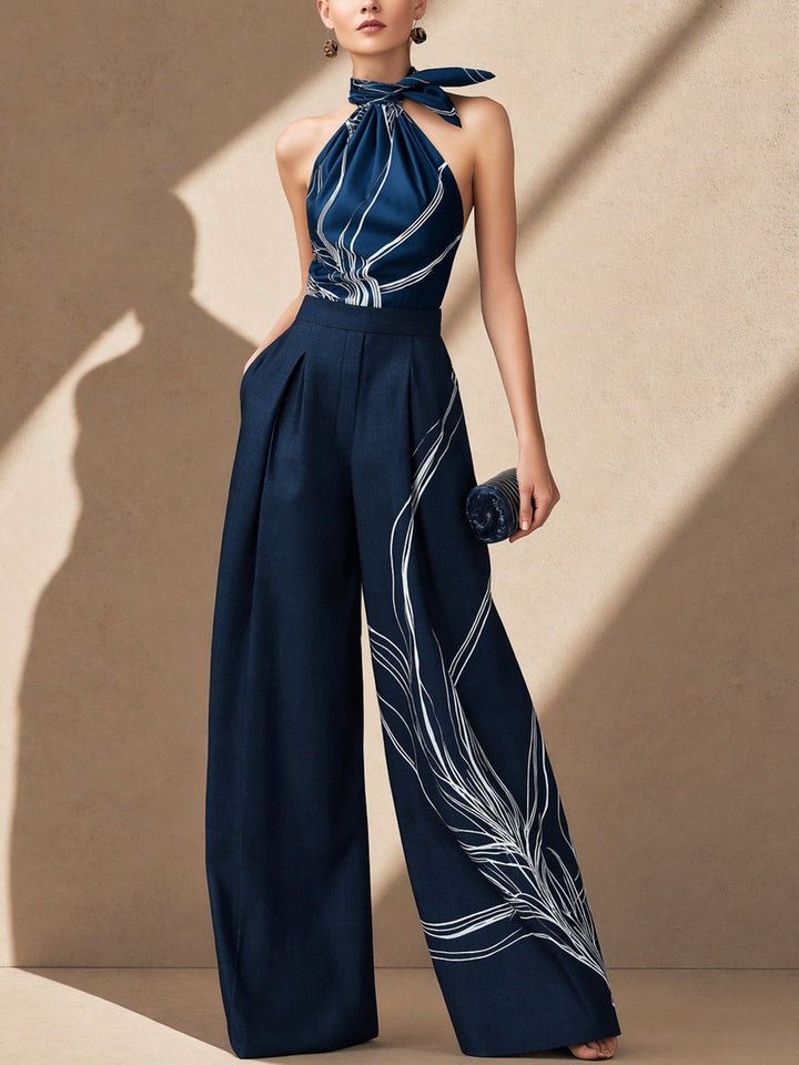Satin Halter Blouse & Linen Wide Leg Trousers Set
