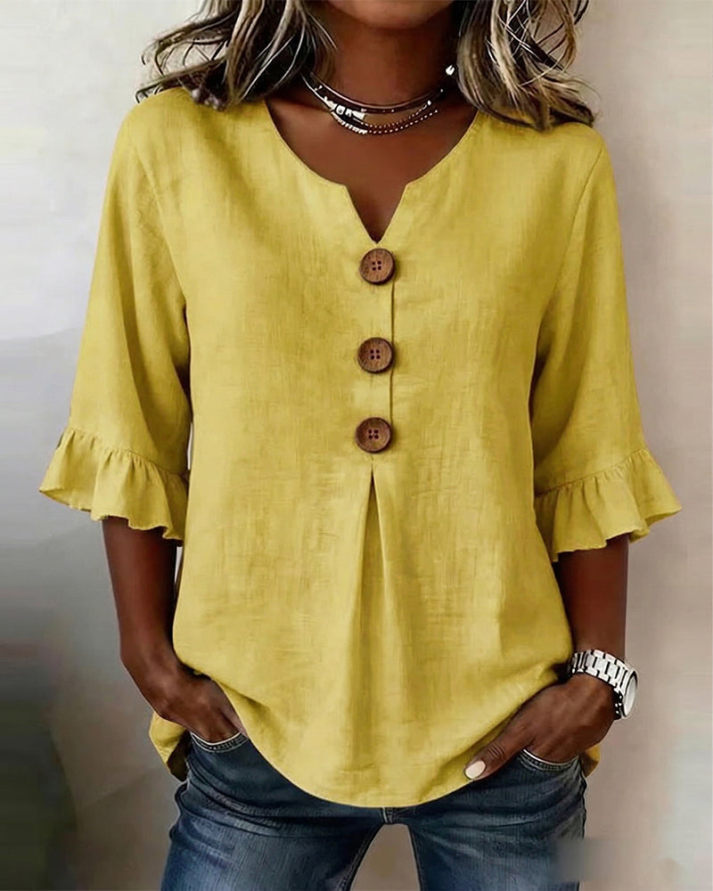 Sophia | Solid Color Cotton-Linen Blouse