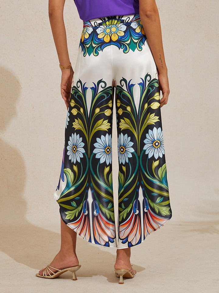 Hawaii Palm Silky Satin Floral Pants