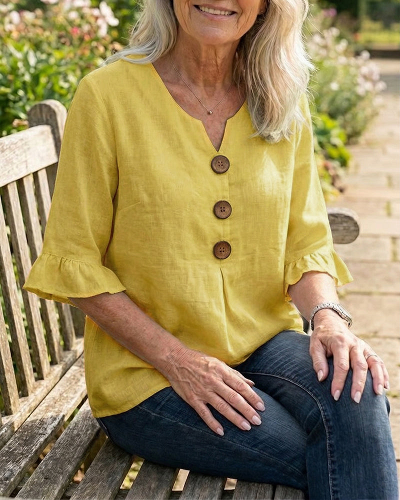 Sophia | Solid Color Cotton-Linen Blouse