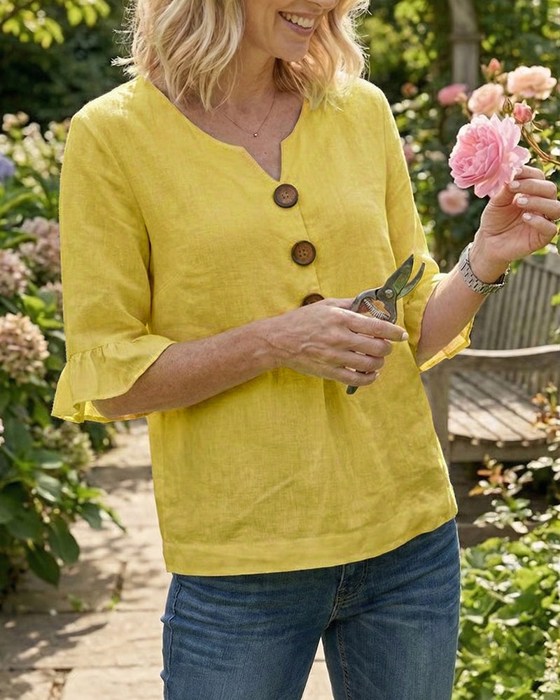 Sophia | Solid Color Cotton-Linen Blouse