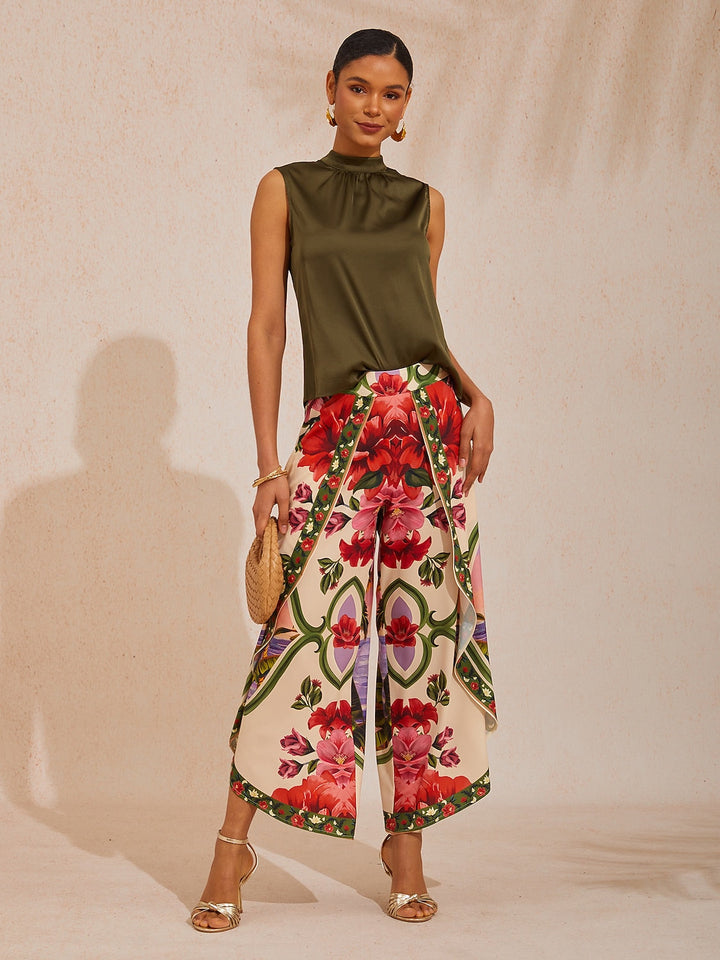 Hawaii Palm Silky Satin Floral Pants