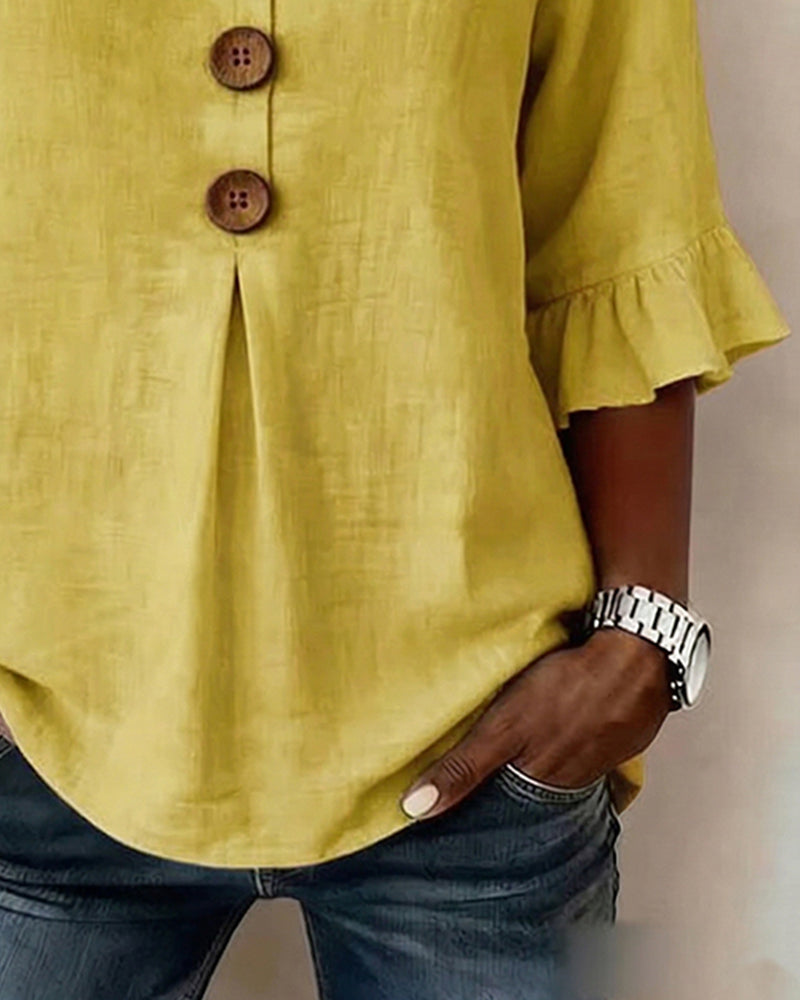 Sophia | Solid Color Cotton-Linen Blouse