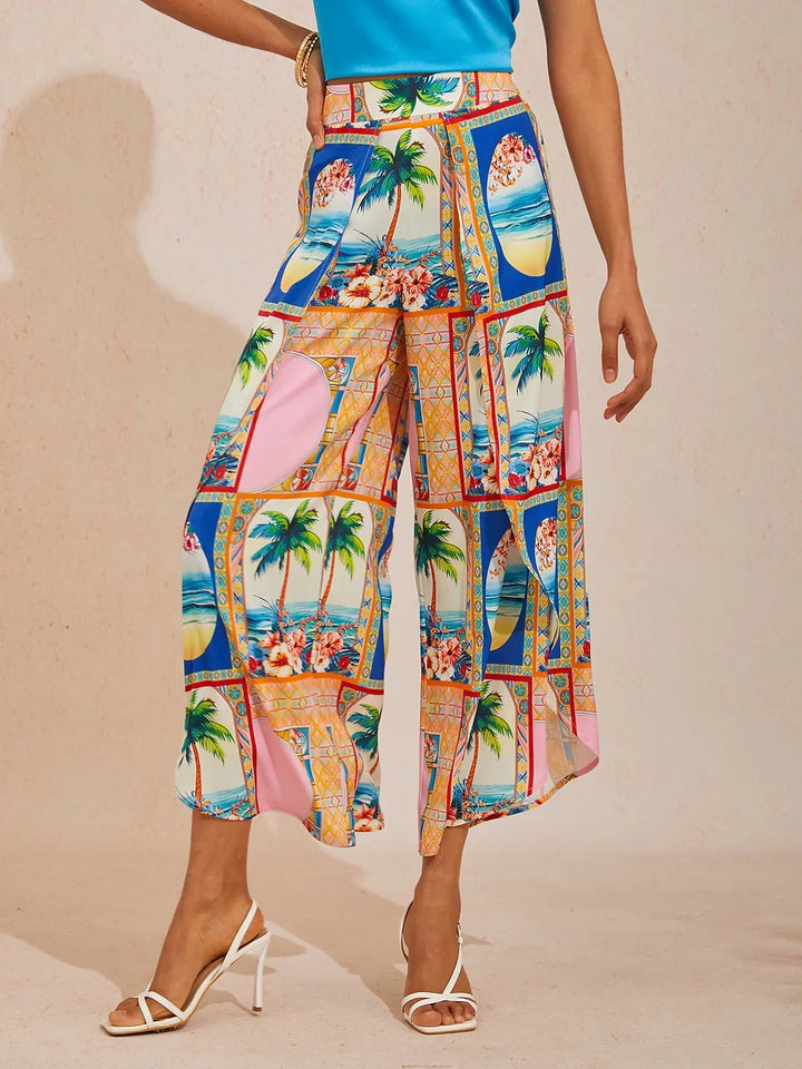 Hawaii Palm Silky Satin Floral Pants