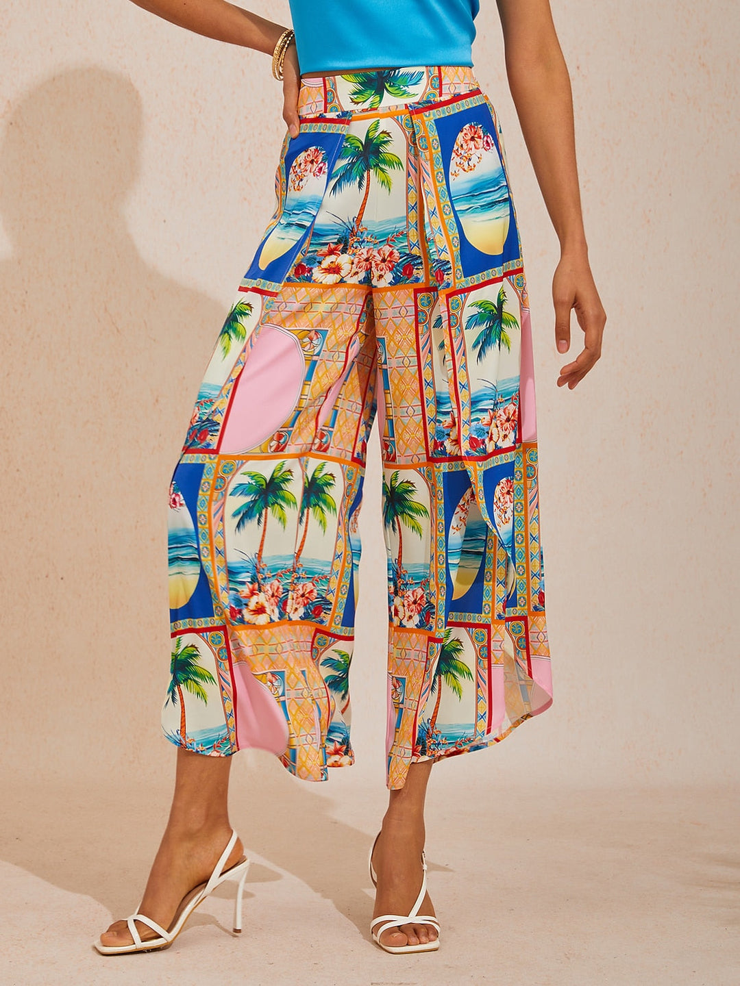 Hawaii Palm Silky Satin Floral Pants