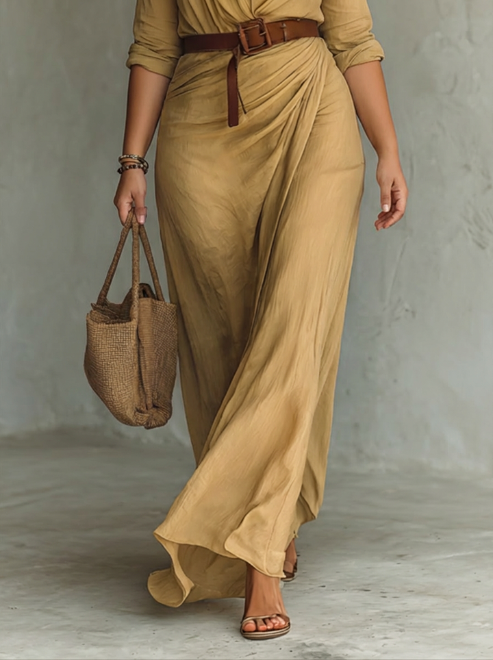 Long Maxi Dress with Notched Collar and Long Sleeves for Women