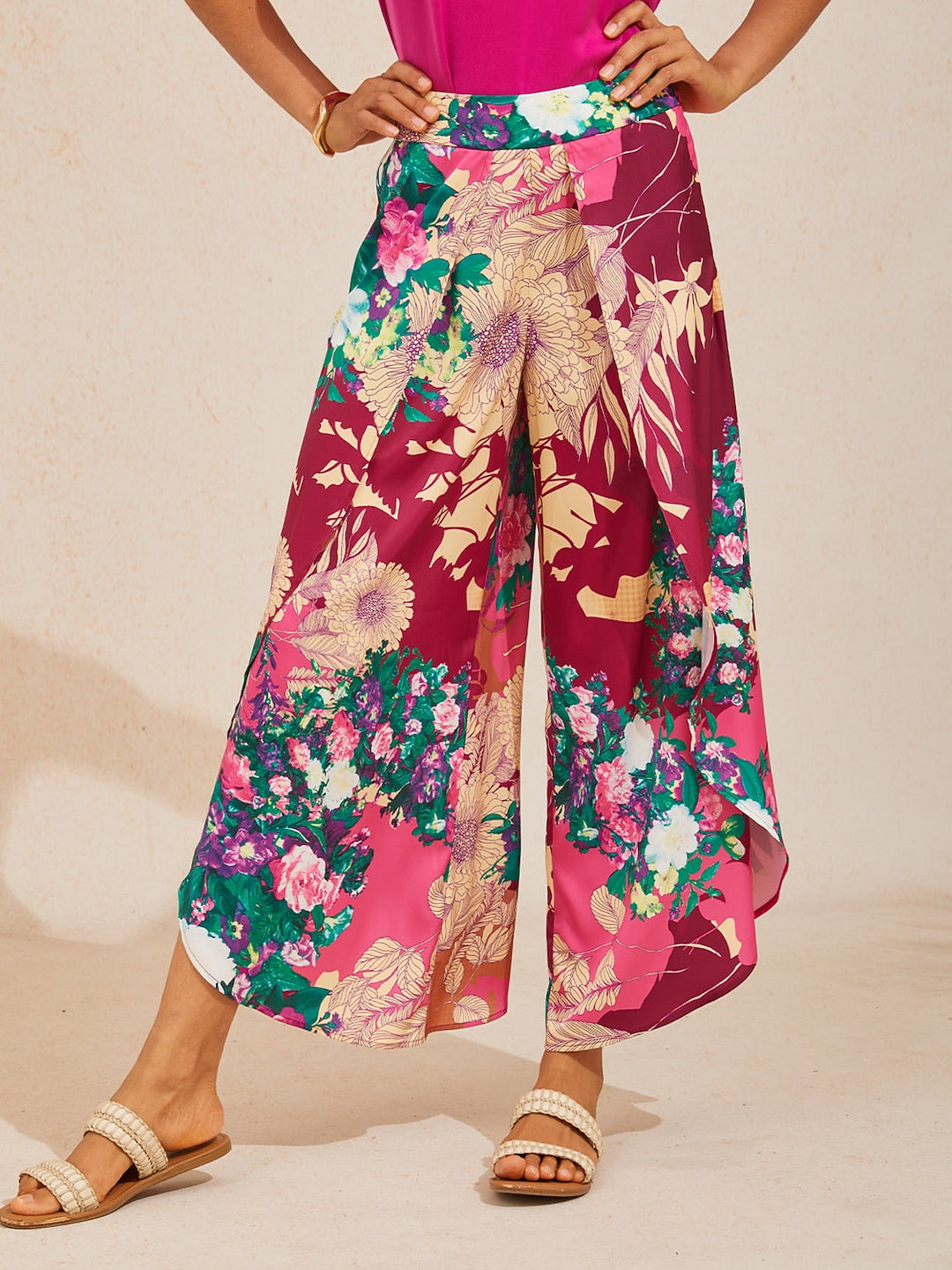 Hawaii Palm Silky Satin Floral Pants