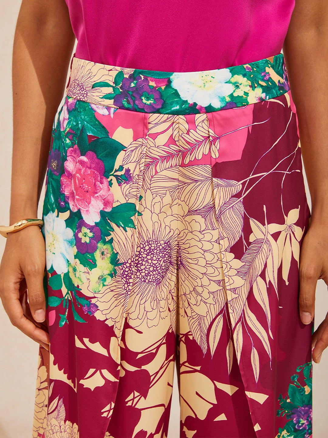 Hawaii Palm Silky Satin Floral Pants