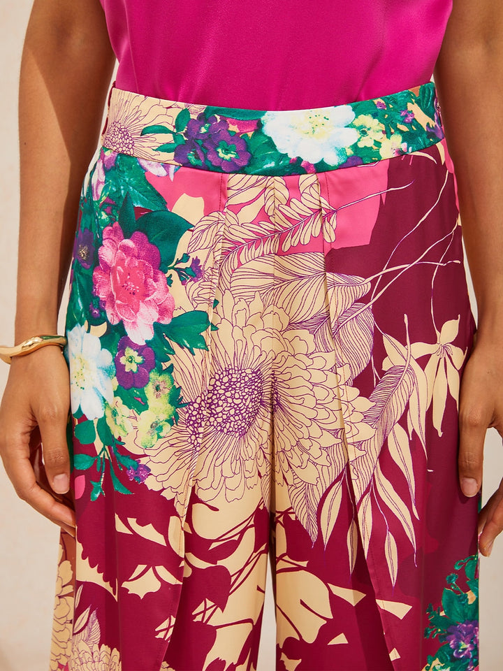 Hawaii Palm Silky Satin Floral Pants