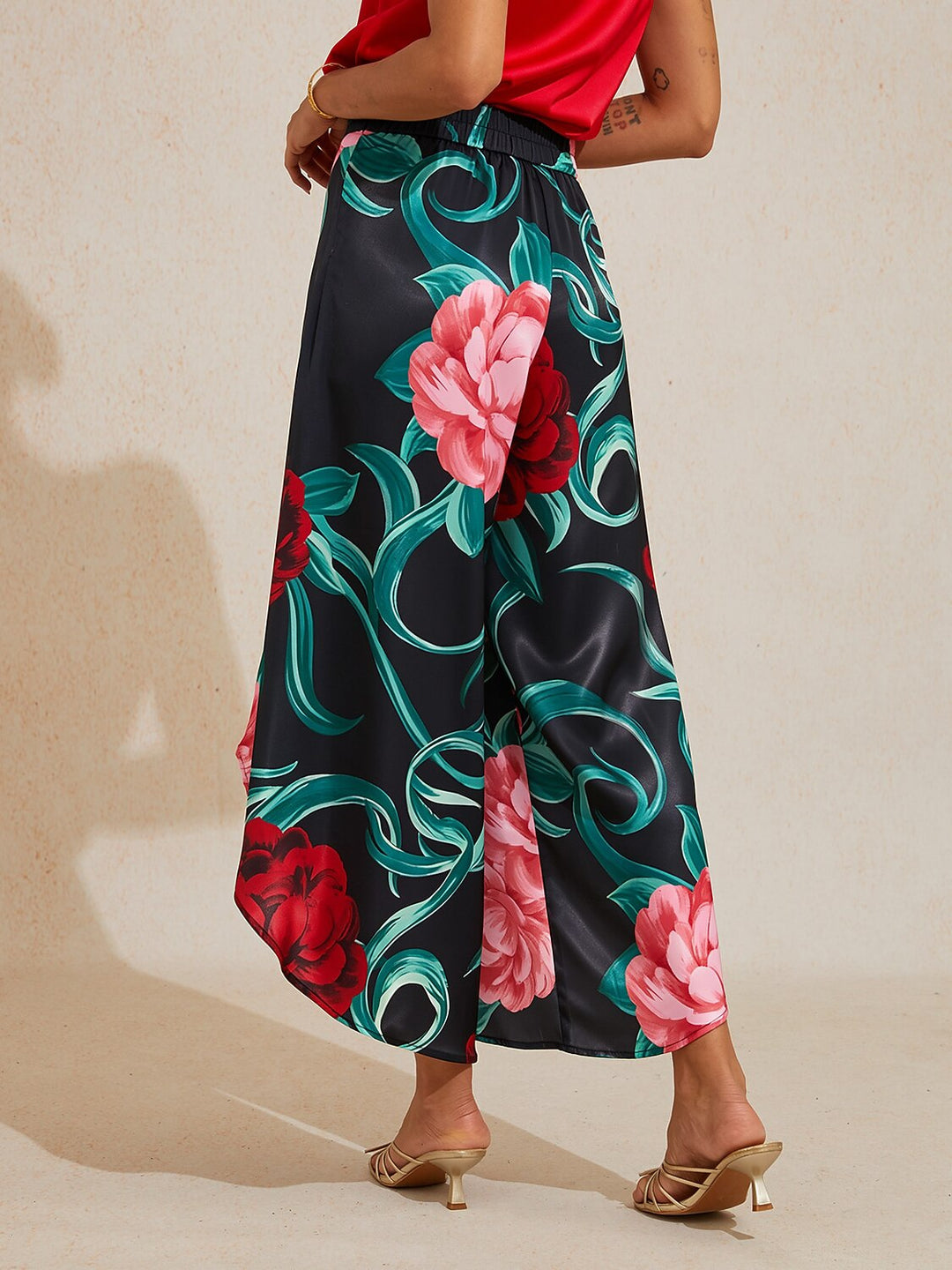 Hawaii Palm Silky Satin Floral Pants