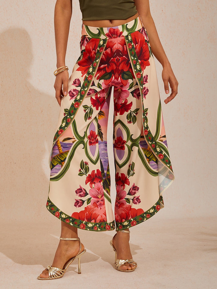 Hawaii Palm Silky Satin Floral Pants