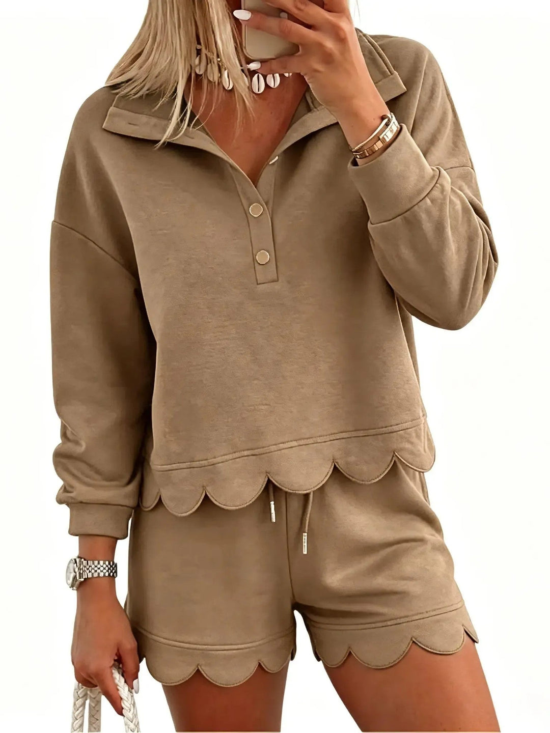 Women's Scalloped Hem 2 Piece Lounge Short Set