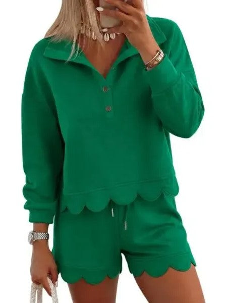 Women's Scalloped Hem 2 Piece Lounge Short Set