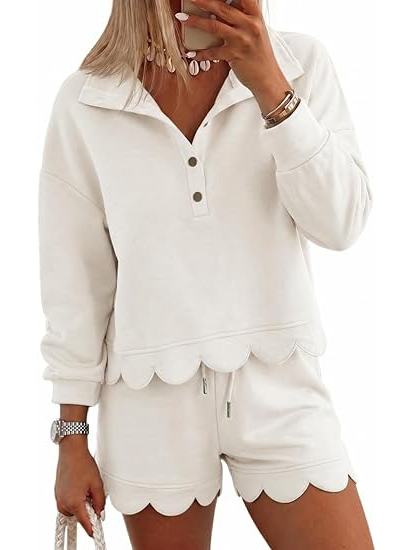 Women's Scalloped Hem 2 Piece Lounge Short Set